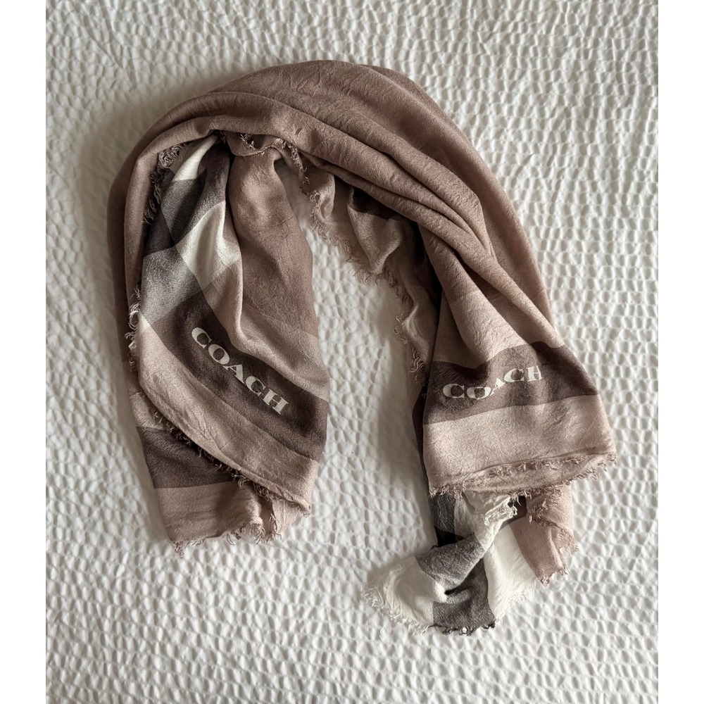 Coach Neutral Colorblock Logo Oversized Wrap Scarf with Fringe Taupe Brown